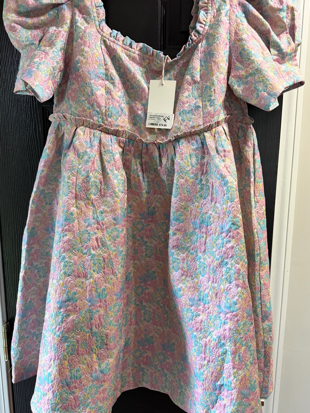 Women’s Jaquard Pastel Floral Mini Dress with Puff Sleeves